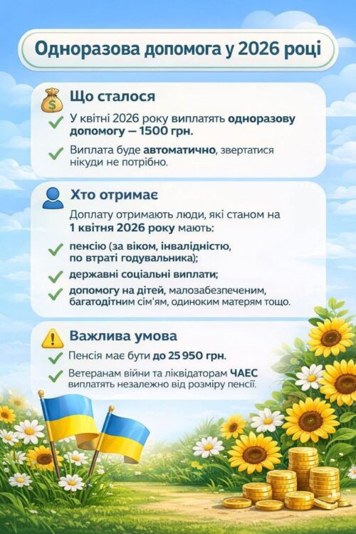 Грошова одноразова виплата 1500 грн вразливим категоріям громадян у квітні 2026 року