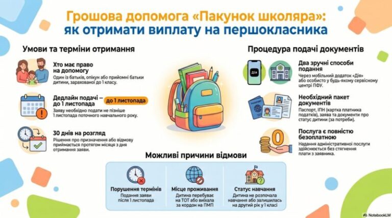 Грошова допомога «Пакунок школяра» для першокласників: умови та порядок отримання