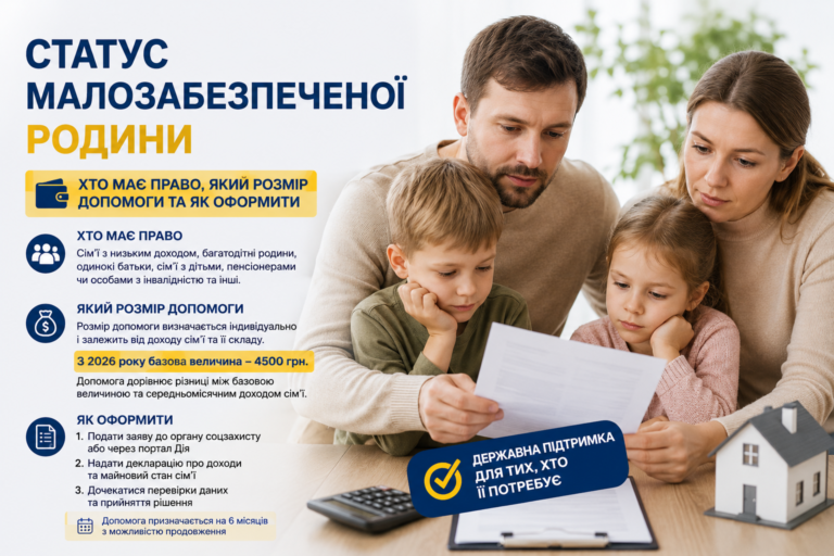 Статус малозабезпеченої сім’ї у 2026 році: хто має право та як оформити допомогу