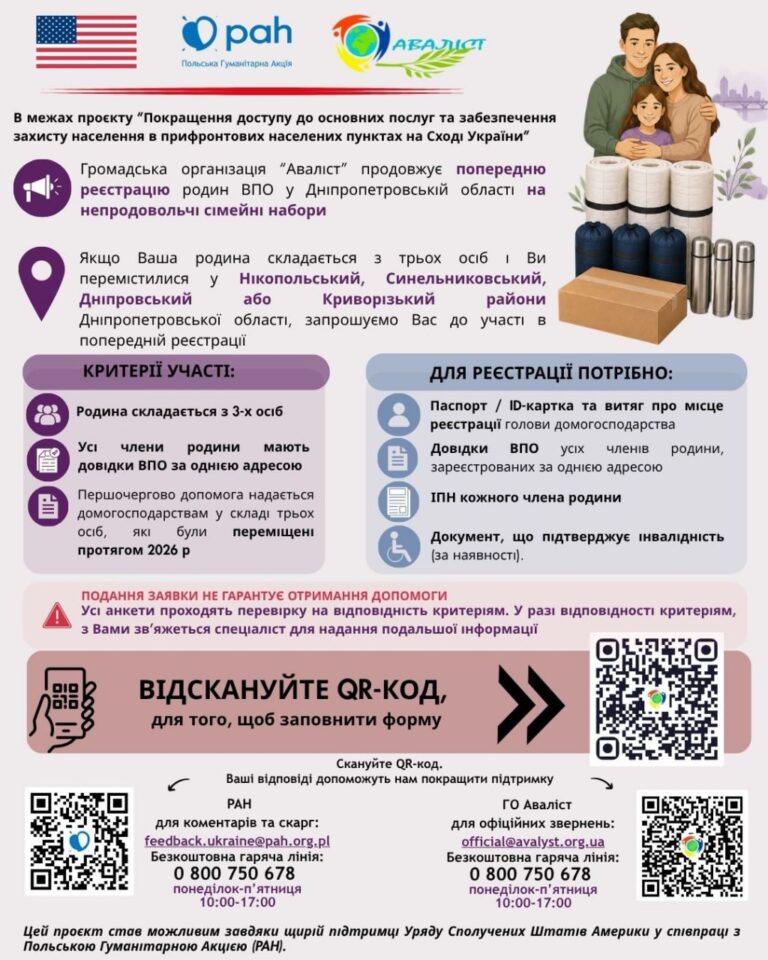 Допомога для родин ВПО у Дніпропетровській області від ГО «Аваліст»