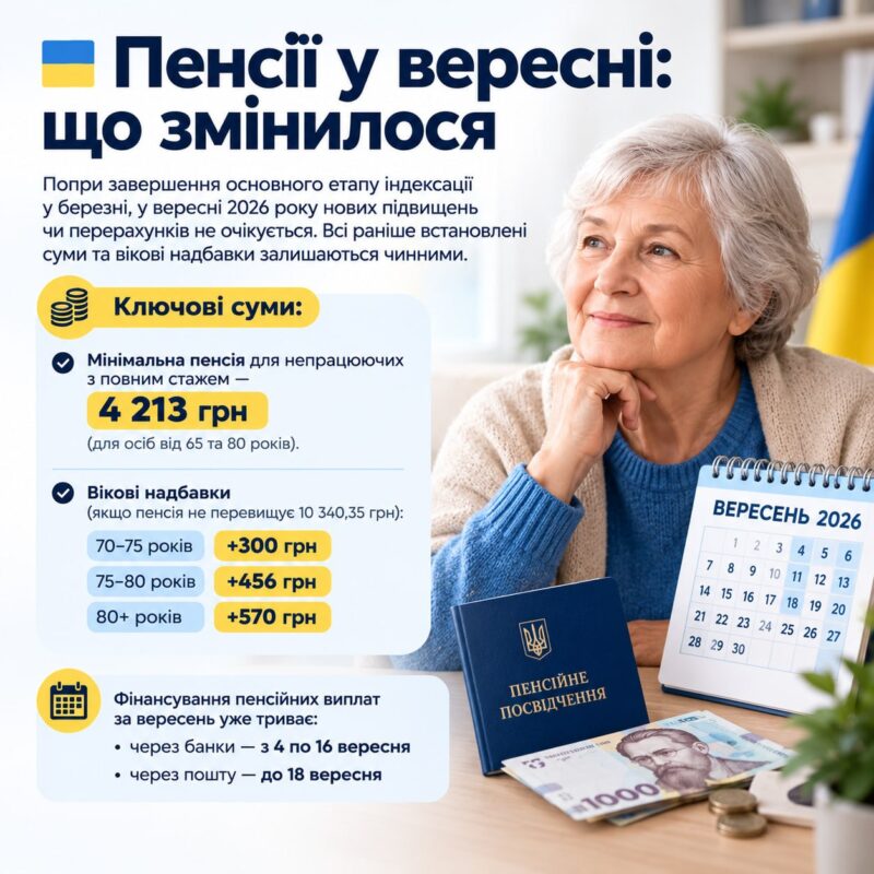 Пенсії у вересні 2026 року: актуальні виплати та надбавки