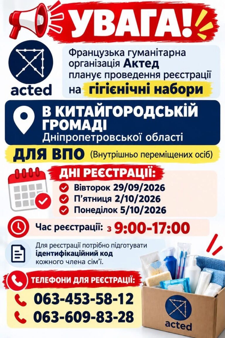 Реєстрація ВПО на гігієнічні набори від ACTED. Як отримати?