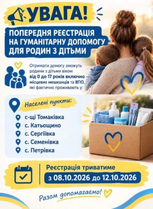Попередня реєстрація на гуманітарну допомогу (гігієнічні набори) для сімей із дітьми від БФ «Янголи Спасіння» та за підтримки UNICEF